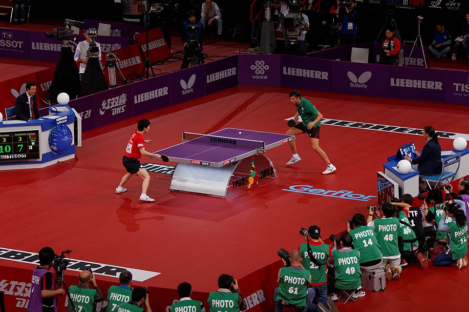 Two pros playing table tennis in a world tournament.